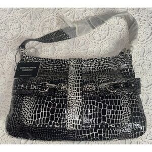 NEW Charlie Lapson Handbag Crocodile Black Silver Leather Purse Vintage